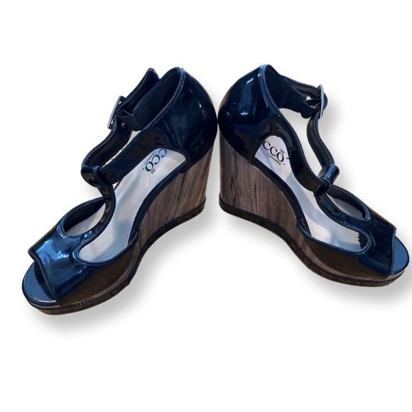 Black Patent Leather Faux Wood Grain Peep Toe SZ.8. High heel Wedge 5" Italian - Picture 13 of 14